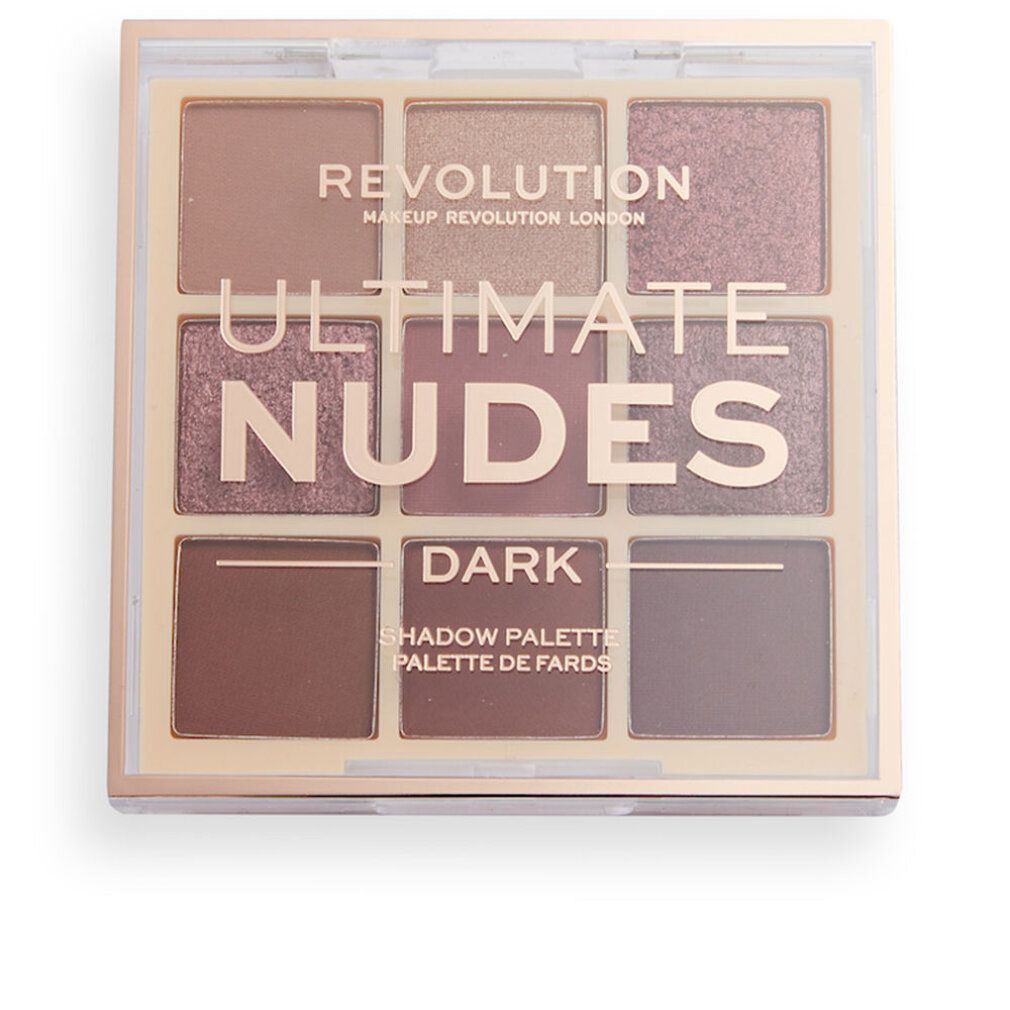 Palette ombretti. Nove tonalità in confezione quadrata beige chiaro. Scritta: REVOLUTION, ULTIMATE NUDES DARK. Coperchio con informazioni.