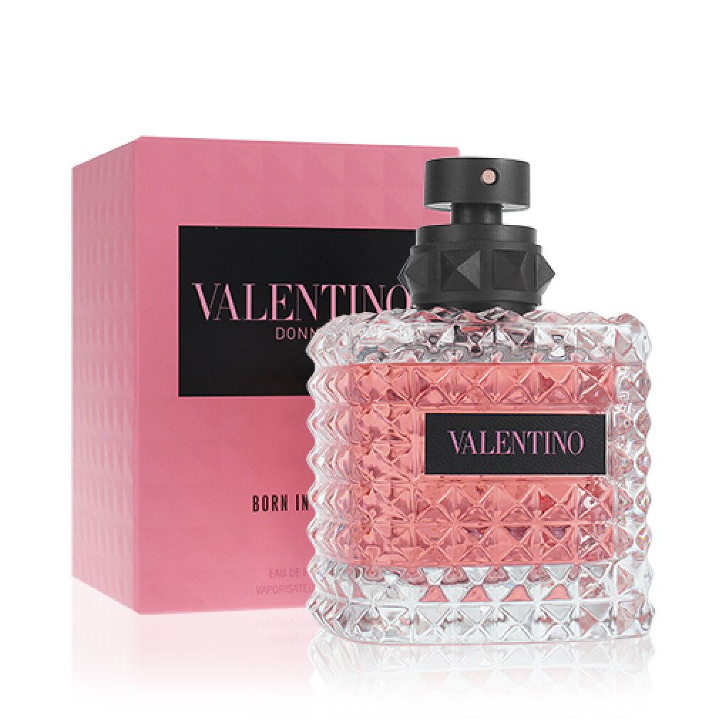 Valentino Born In Roma Eau de Parfum. Scatola e flacone rosa. Tappo nero. Testo: Valentino, Born in Roma, Donna.