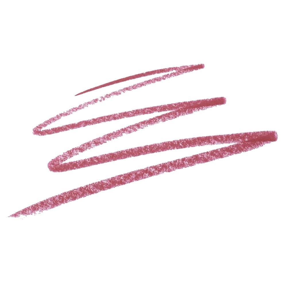 Tratto di matita labbra rosa su sfondo bianco. Il colore è applicato con una linea ondulata.