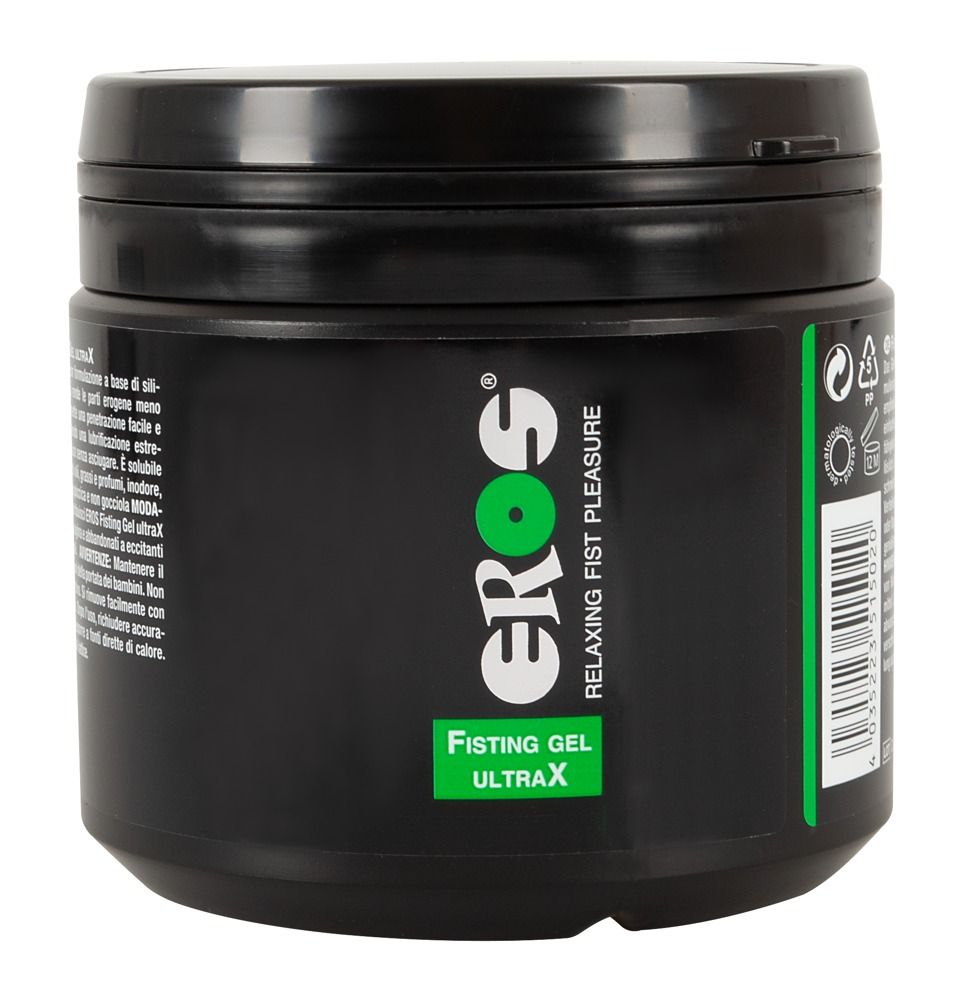 Contenitore nero con scritta EROS Ultra X Fisting Gel e marchio CE.