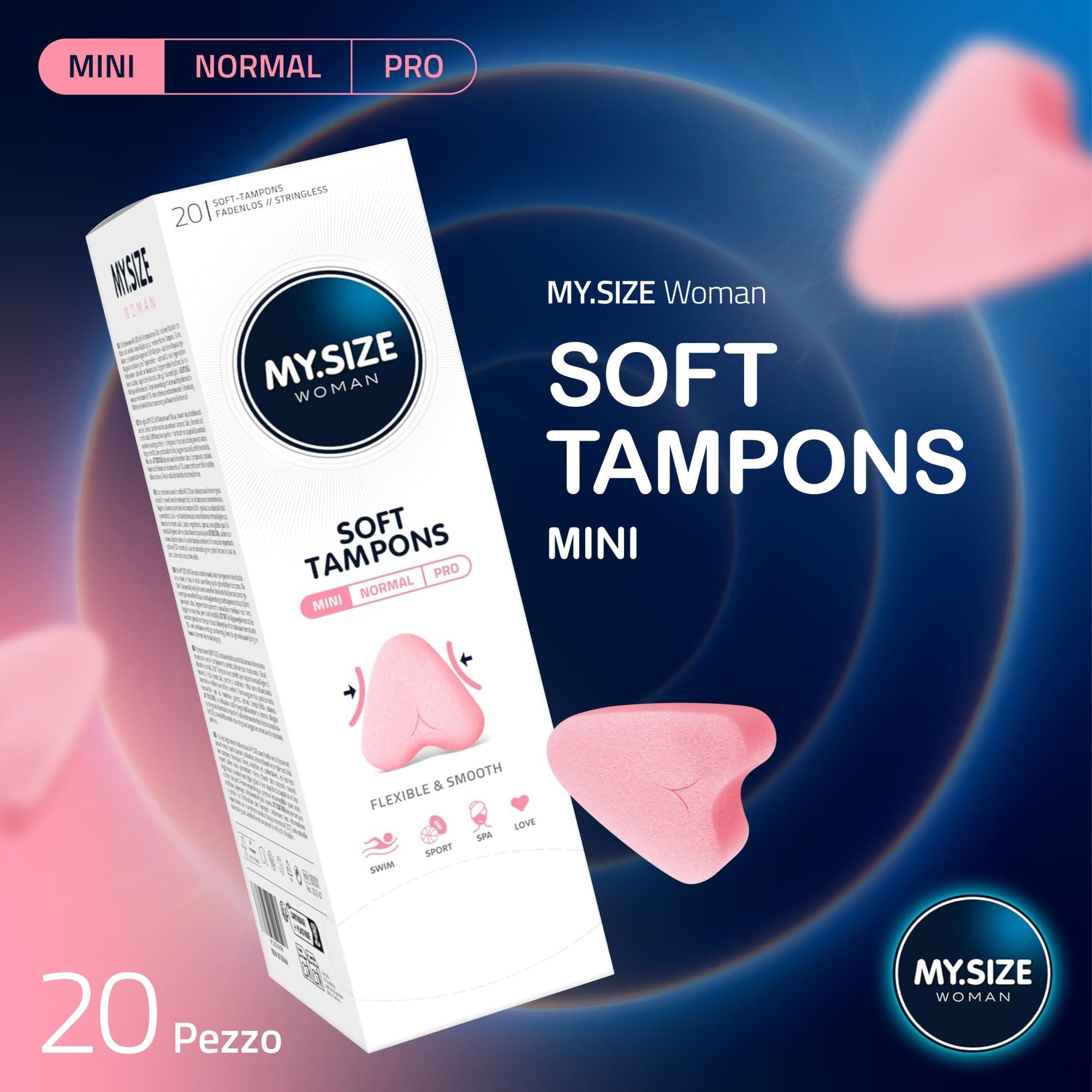 Confezione MY.SIZE Woman Soft Tampons Mini con un singolo tampone. Sfondo scuro con effetti circolari.