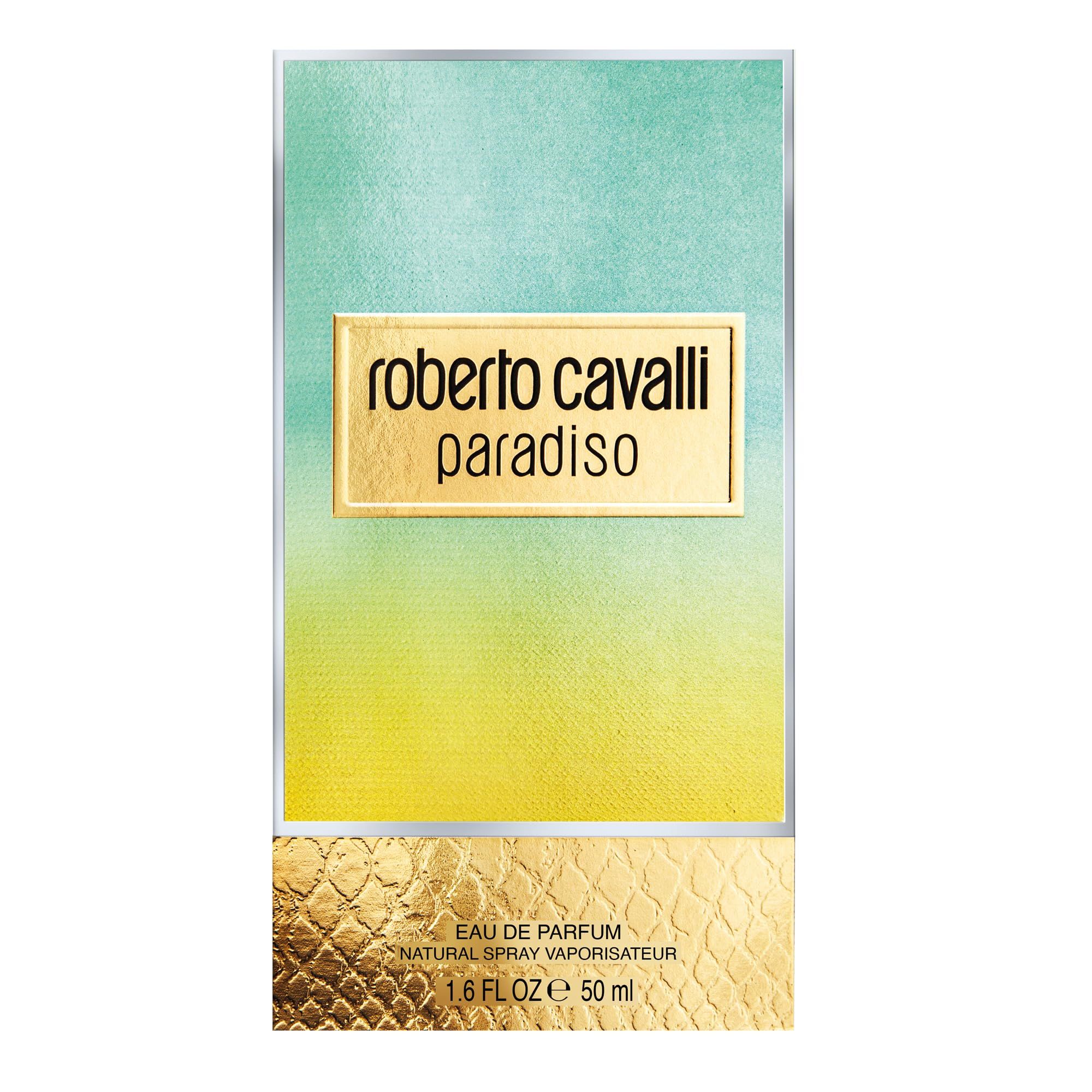 Confezione di Roberto Cavalli Paradiso. Scritta dorata su campo dorato. Sfumatura da turchese a giallo. Goffratura dorata.