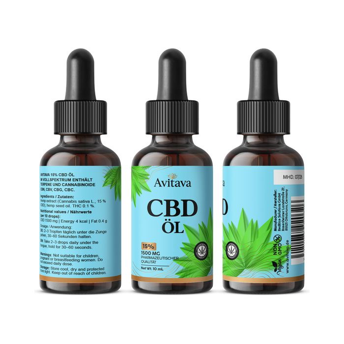 Tre viste del flacone di olio CBD Avitava a spettro completo con contagocce. Etichette con informazioni dettagliate sul prodotto e sigilli.