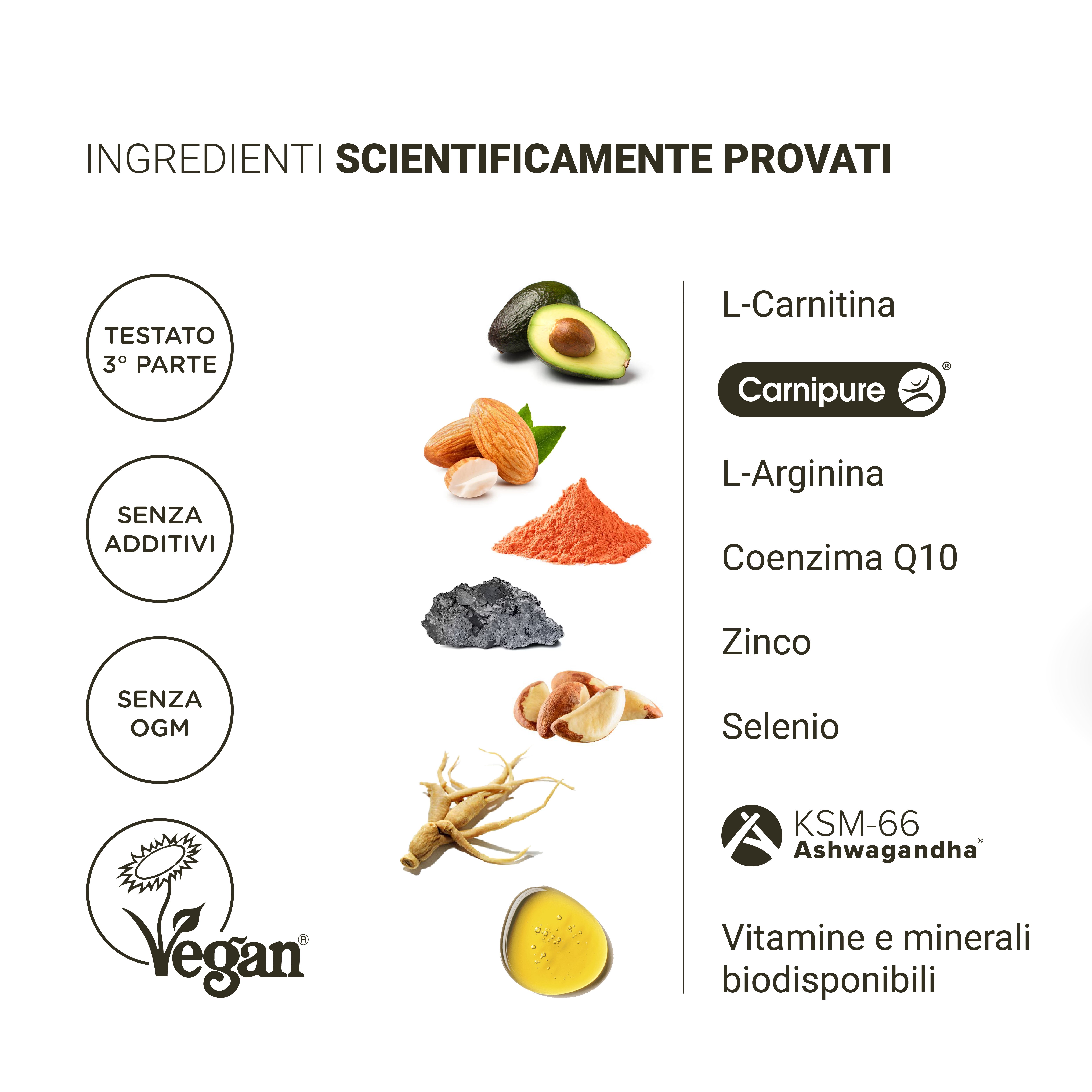 Vari ingredienti. Testo: Ingrédienti scientificamente provati. Certificazione vegana.