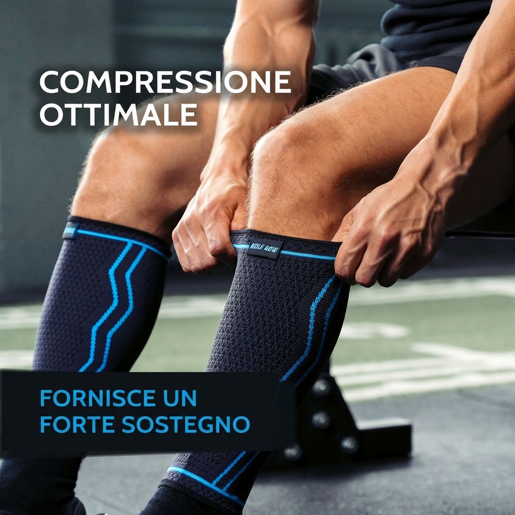 Uomo che corre all'aperto. Bendaggi per polpaccio neri con dettagli blu. Cielo blu.