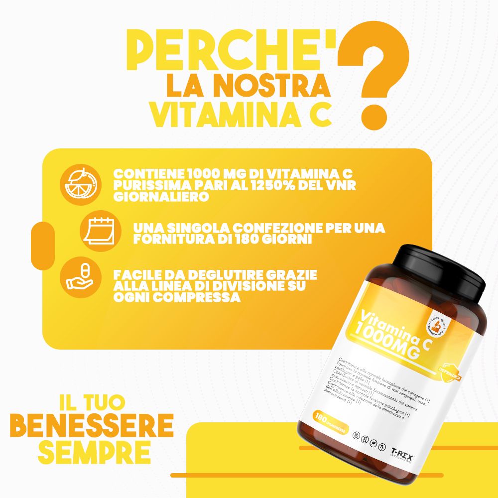 Flacone marrone di Vitamina C 1000mg. Sfondo giallo con testo. Contiene 1000mg di vitamina C. 180 compresse.