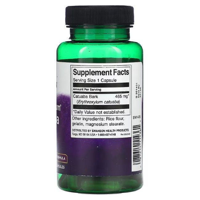 Flacone verde. Retro con informazioni nutrizionali: Catuaba Bark, 465 mg. Altri ingredienti: farina di riso, gelatina, magnesio stearato.