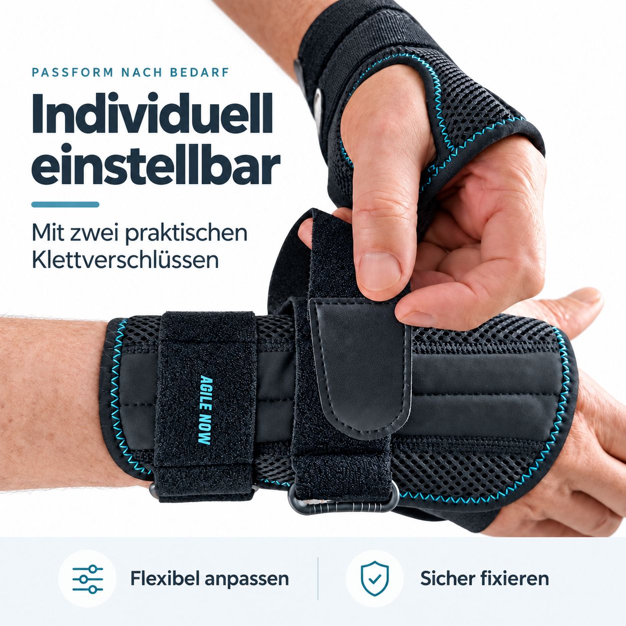 Tutore da polso con due chiusure in velcro per una regolazione personalizzata. Flessibile e sicura.