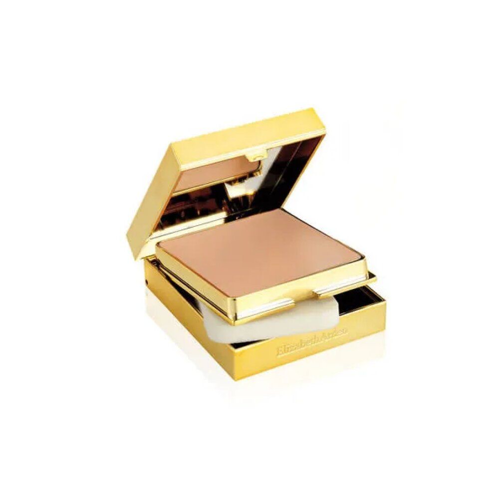 Confezione compatta dorata aperta con polvere beige e spugna. Logo Elizabeth Arden.