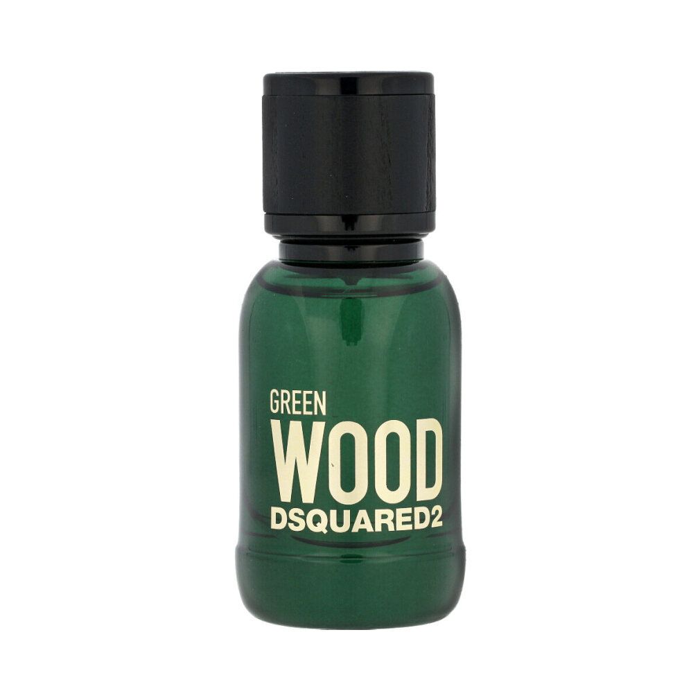 Flacone di vetro verde con tappo nero. Scritta dorata: GREEN WOOD DSQUARED2.