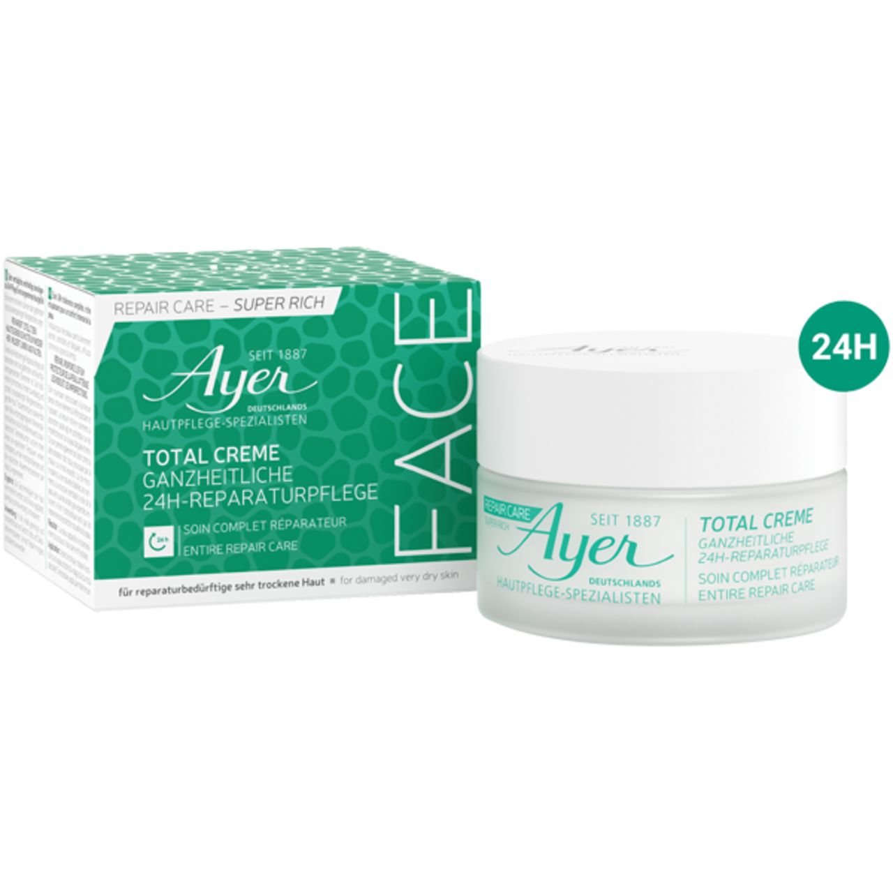 Ayer Total Creme, vasetto e confezione. Scritta: Cura riparatrice 24H. Confezione verde e bianca.