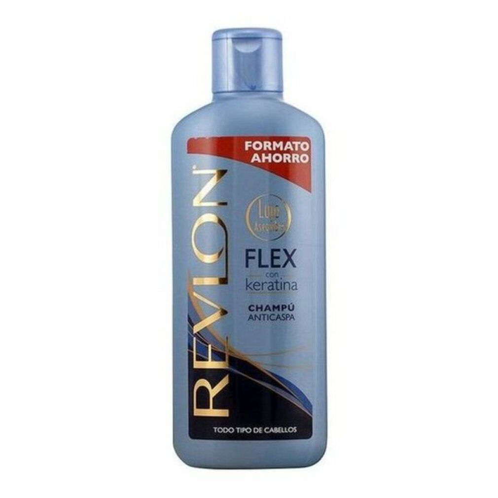 Flacone blu di shampoo antiforfora Revlon Flex. Contiene cheratina. Etichetta rossa "Formato Ahorro".