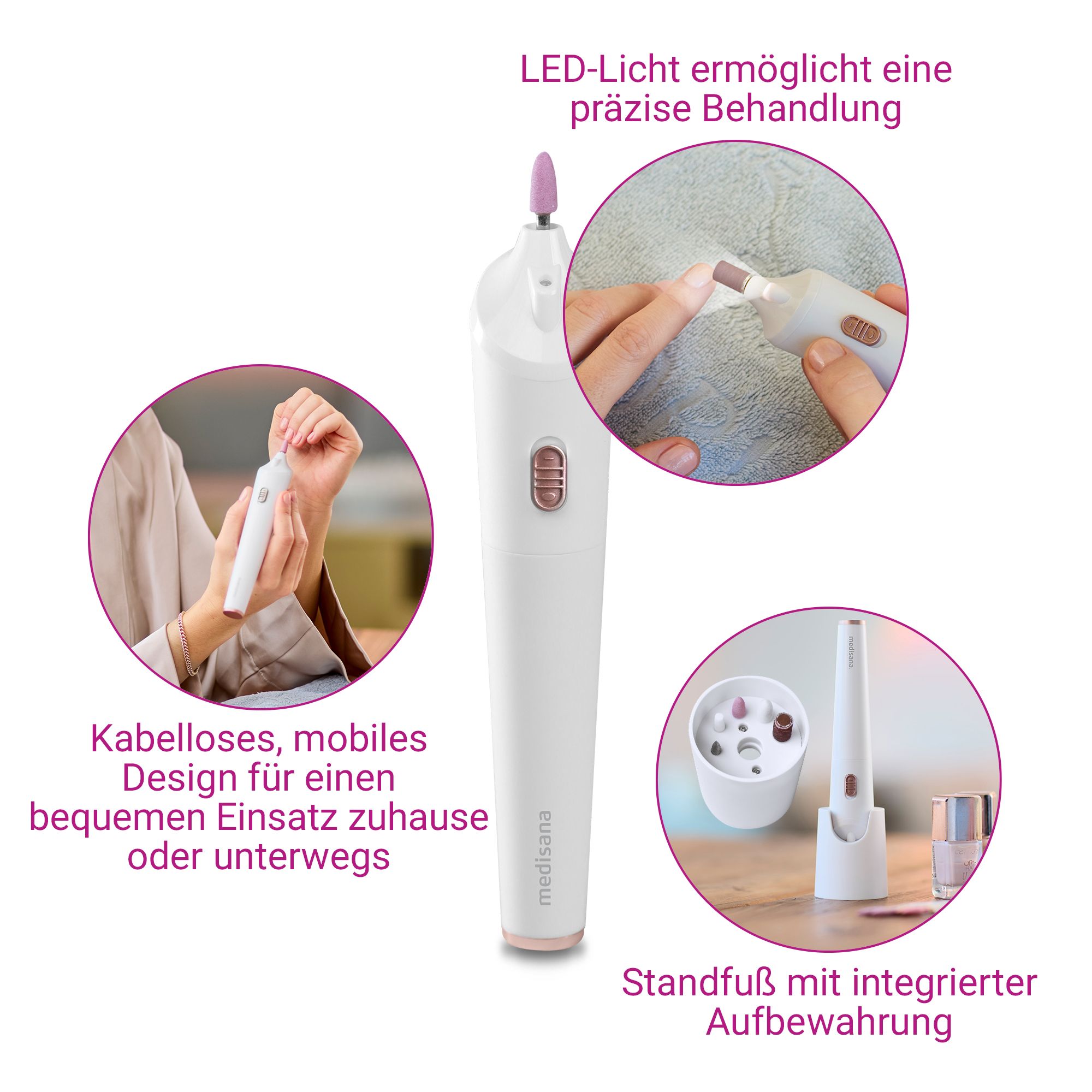 Set Medisana MP 900: design senza fili, luce LED e base di ricarica.