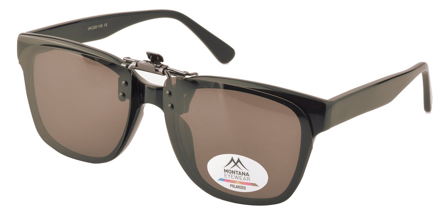 Occhiali neri con occhiali da sole clip-on marroni. Logo "MONTANA EYEWEAR POLARIZED".