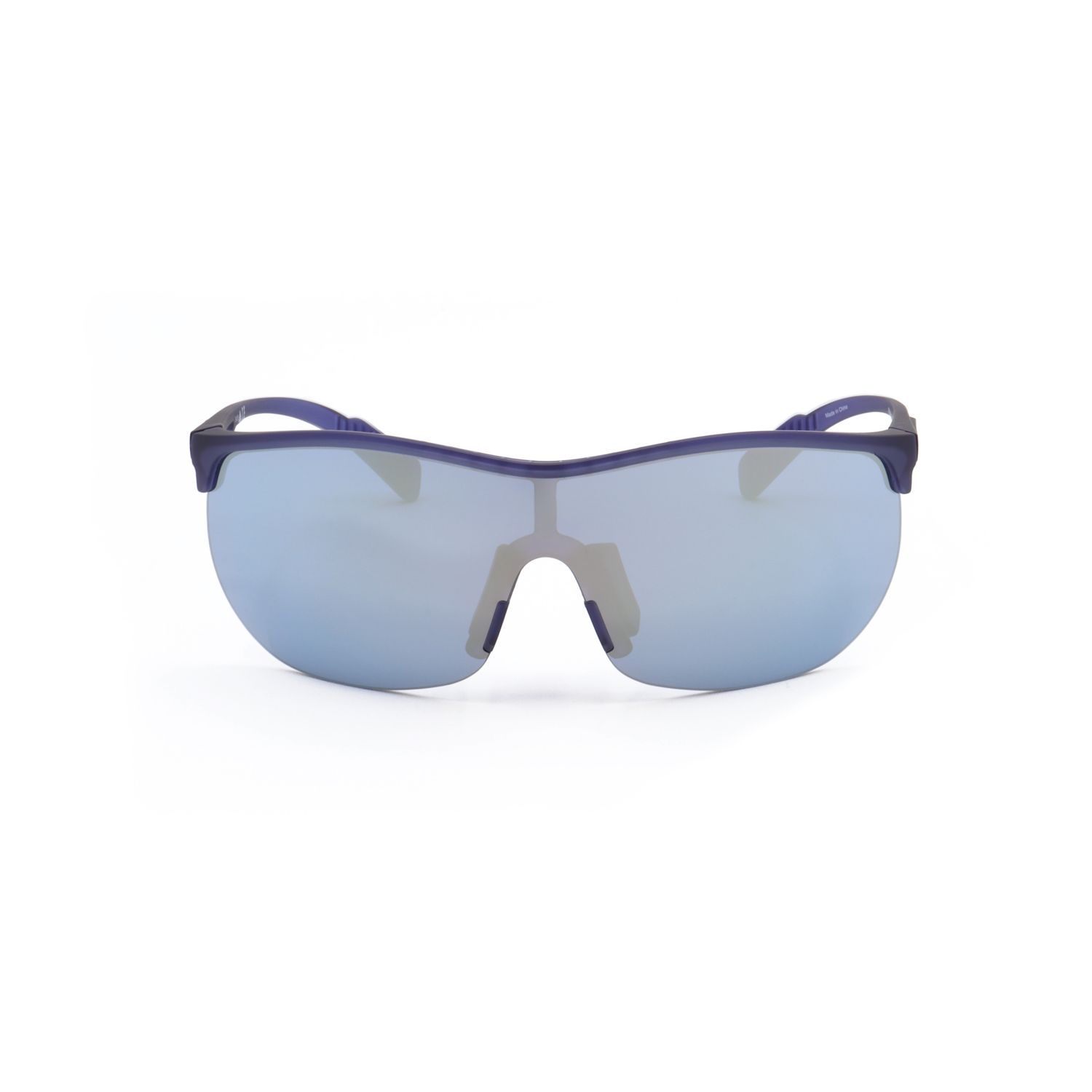 Occhiali da sole sportivi con lenti a specchio blu e montatura scura.