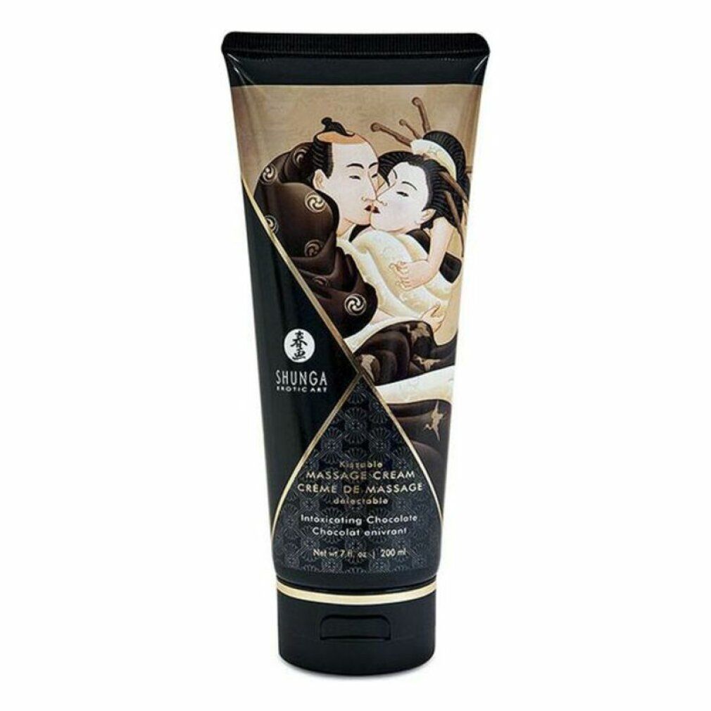 Crema da massaggio in tubo nero con motivo al cioccolato e coppia asiatica.