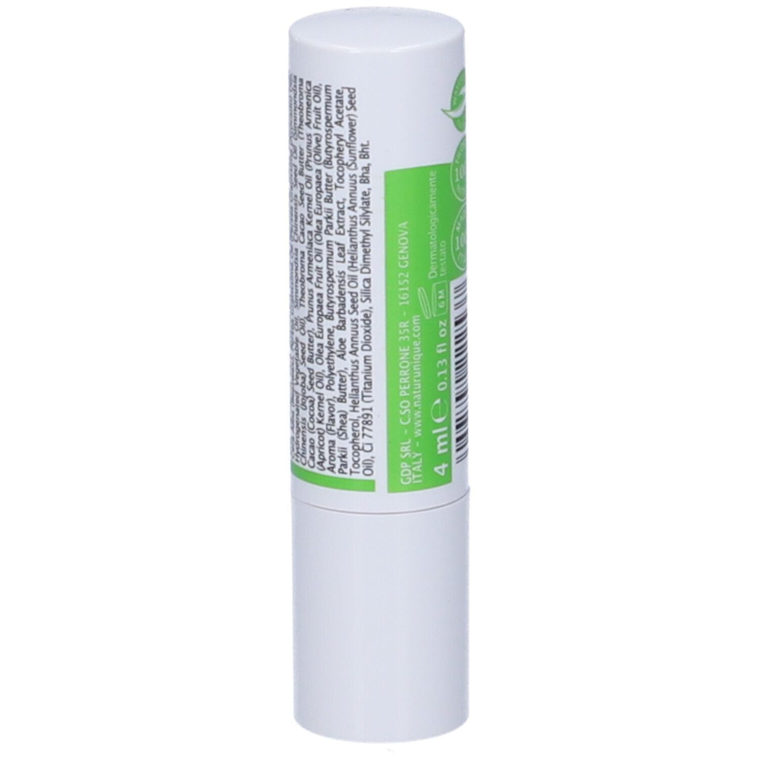 Stick labbra bianco con testo verde. Scritta: Ingredienti, 4 ml. Indirizzo: Genova, Italia.
