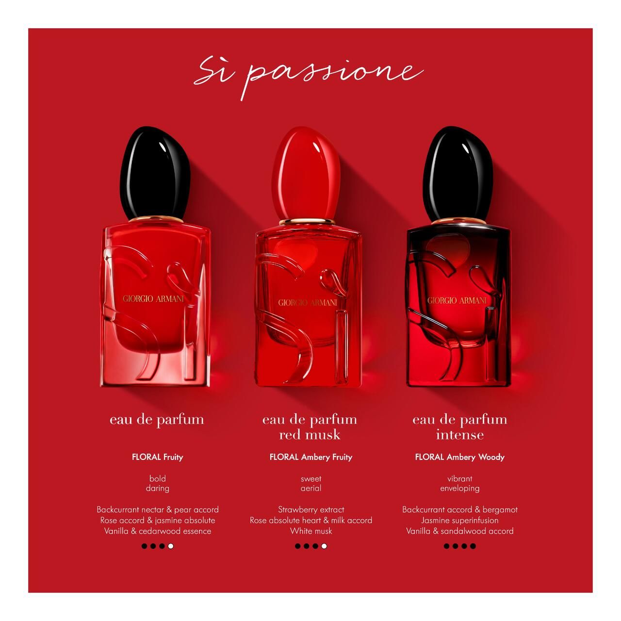 Tre flaconi Giorgio Armani Sì Passione, Eau de Parfum, Red Musk e Intense, su sfondo rosso.
