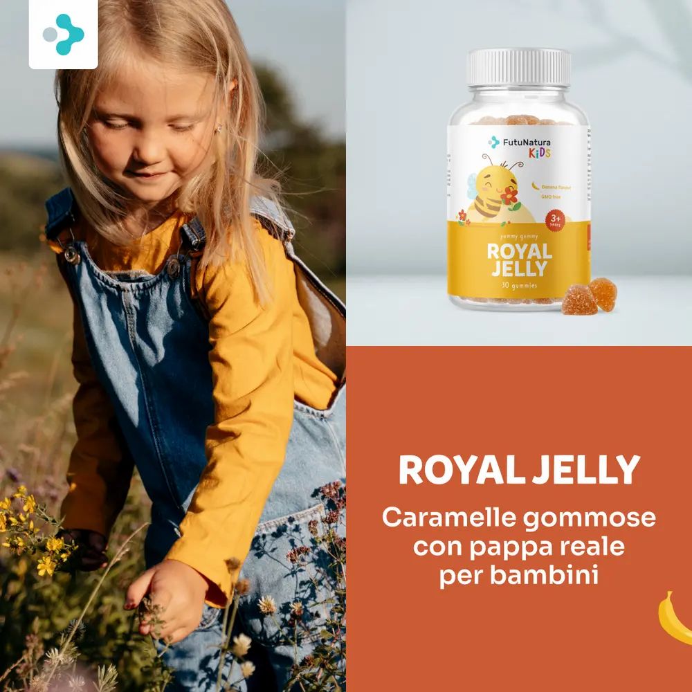 Bambina all'aperto con flacone "FutuNatura Kids Royal Jelly". Sfondo arancione con testo: "Caramelle gommose con pappa reale per bambini".