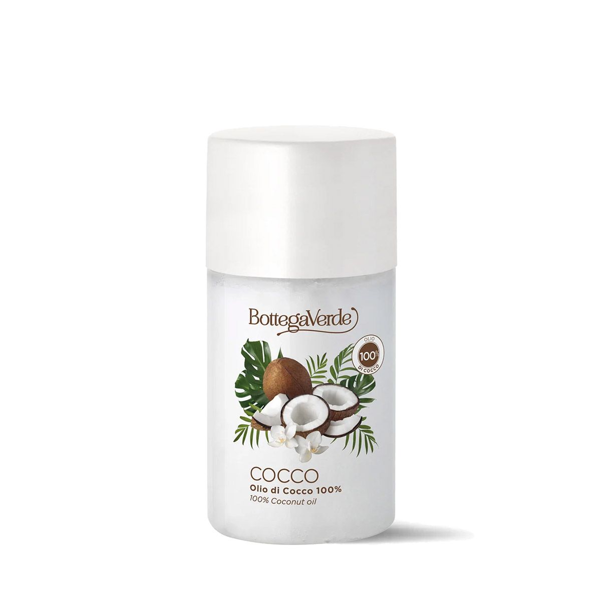 Flacone cilindrico bianco con tappo. Etichetta con illustrazione di cocco e scritta Bottega Verde.