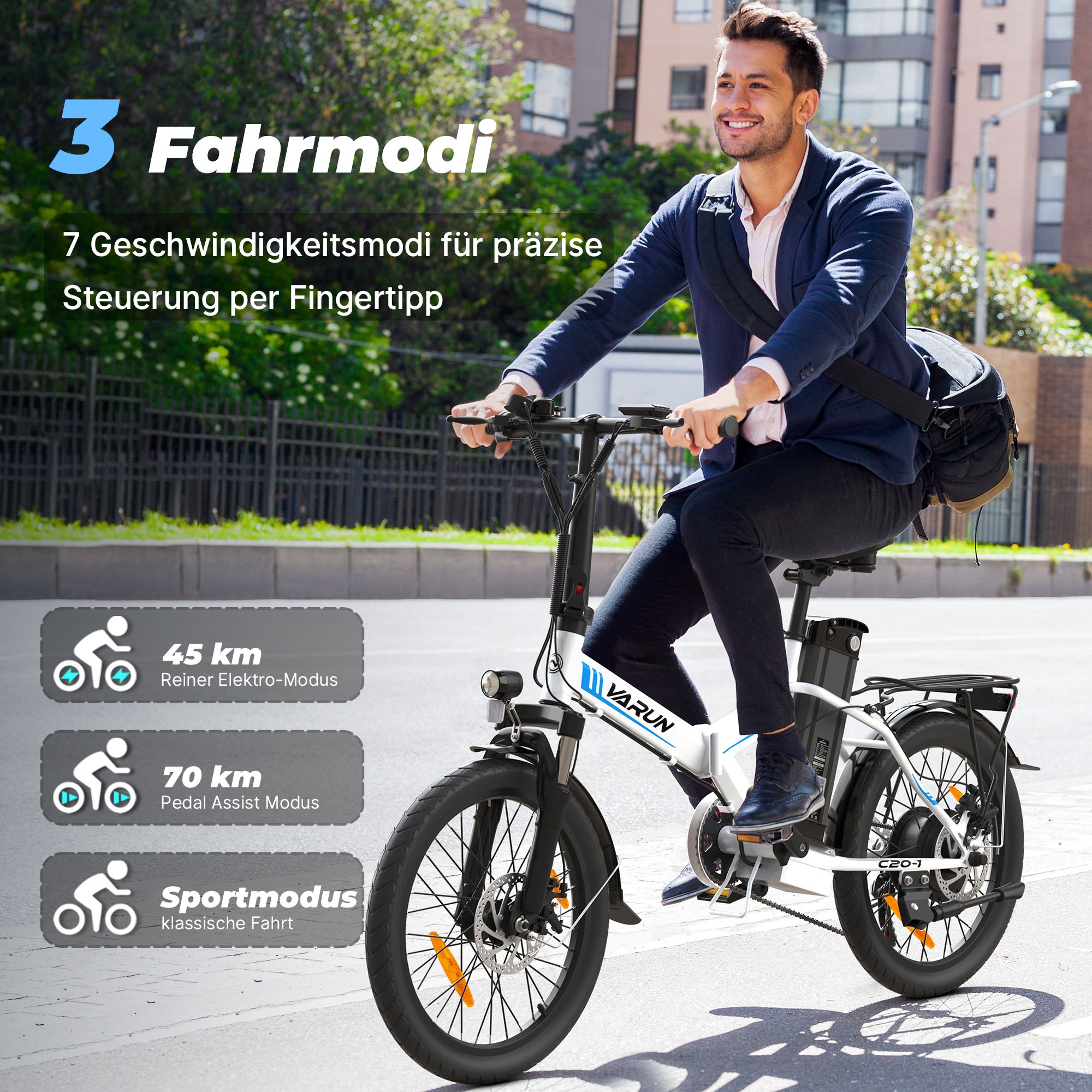 Uomo in e-bike VARUN C20-1. 3 modalità di guida. 7 velocità. Modalità elettrica 45 km. Modalità pedalata assistita 70 km. Modalità sport.