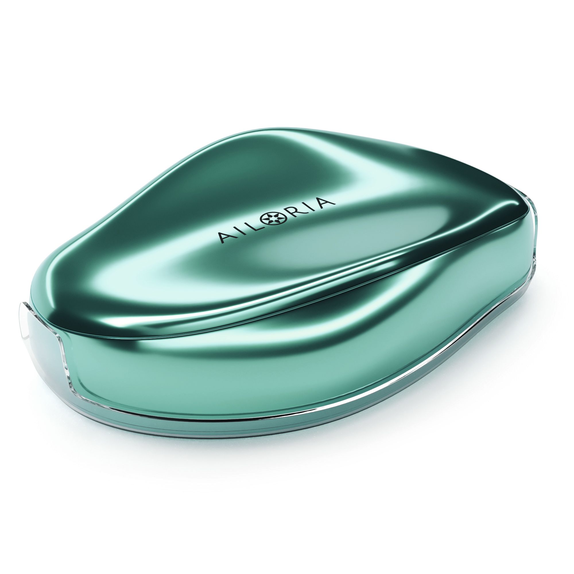 Epilatore ovale verde in un astuccio trasparente. Il marchio AILORIA è visibile.