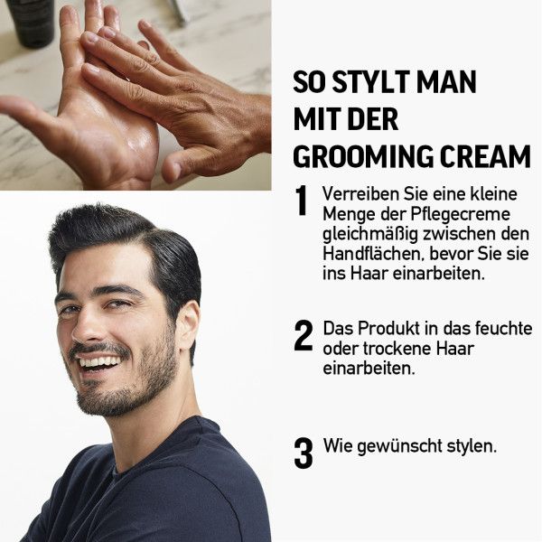 Mani che sfregano la crema. Uomo con capelli acconciati. Testo: "COME STILIZZARE CON LA GROOMING CREAM". Istruzioni 1-3.