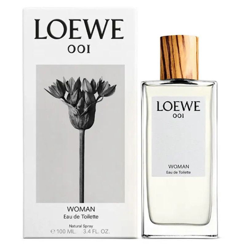 Flacone e confezione LOEWE 001 WOMAN Eau de Toilette con motivo floreale.