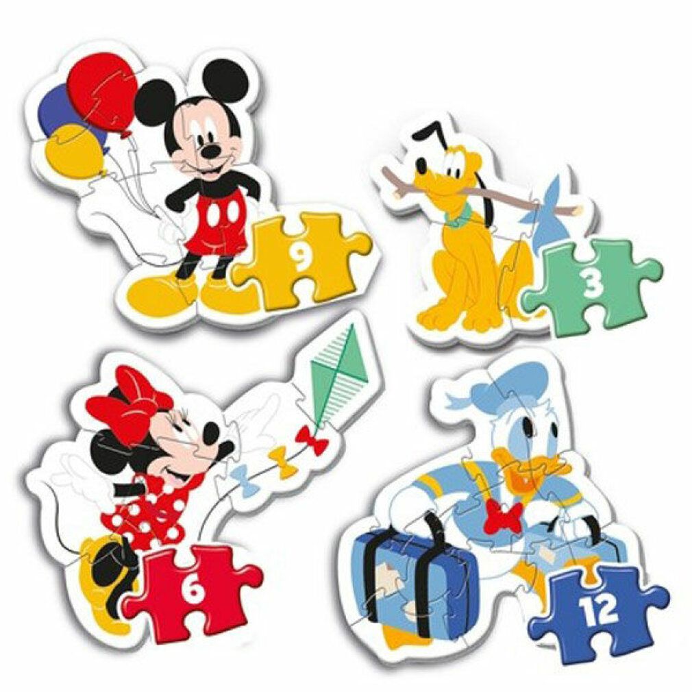 Quattro puzzle con personaggi di Topolino. Ogni puzzle mostra un personaggio e un numero. Marchio: Clementoni. Scritta: My First Puzzles.