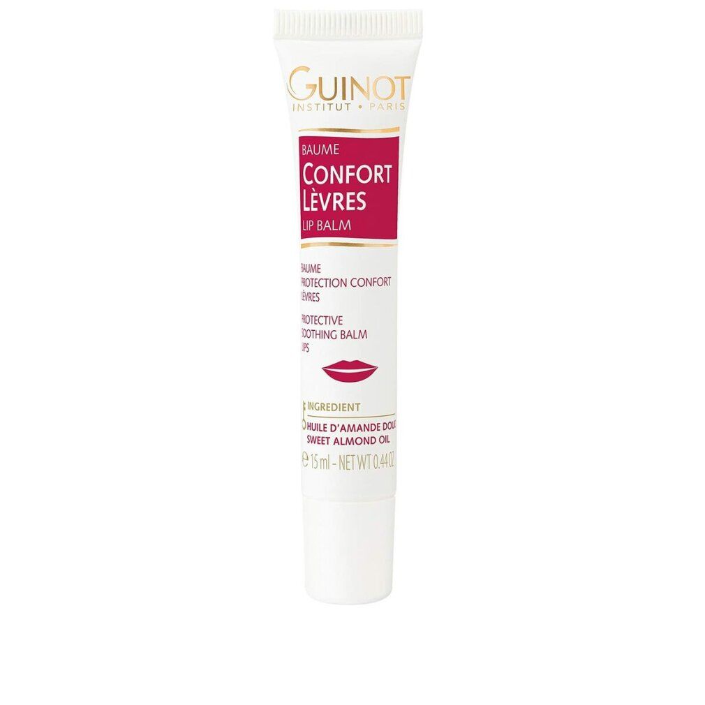 Guinot Confort Lèvres Lip Balm. Tubetto bianco con etichetta rosa. Testo: Confort Lèvres, Protective Soothing Balm. 15ml.