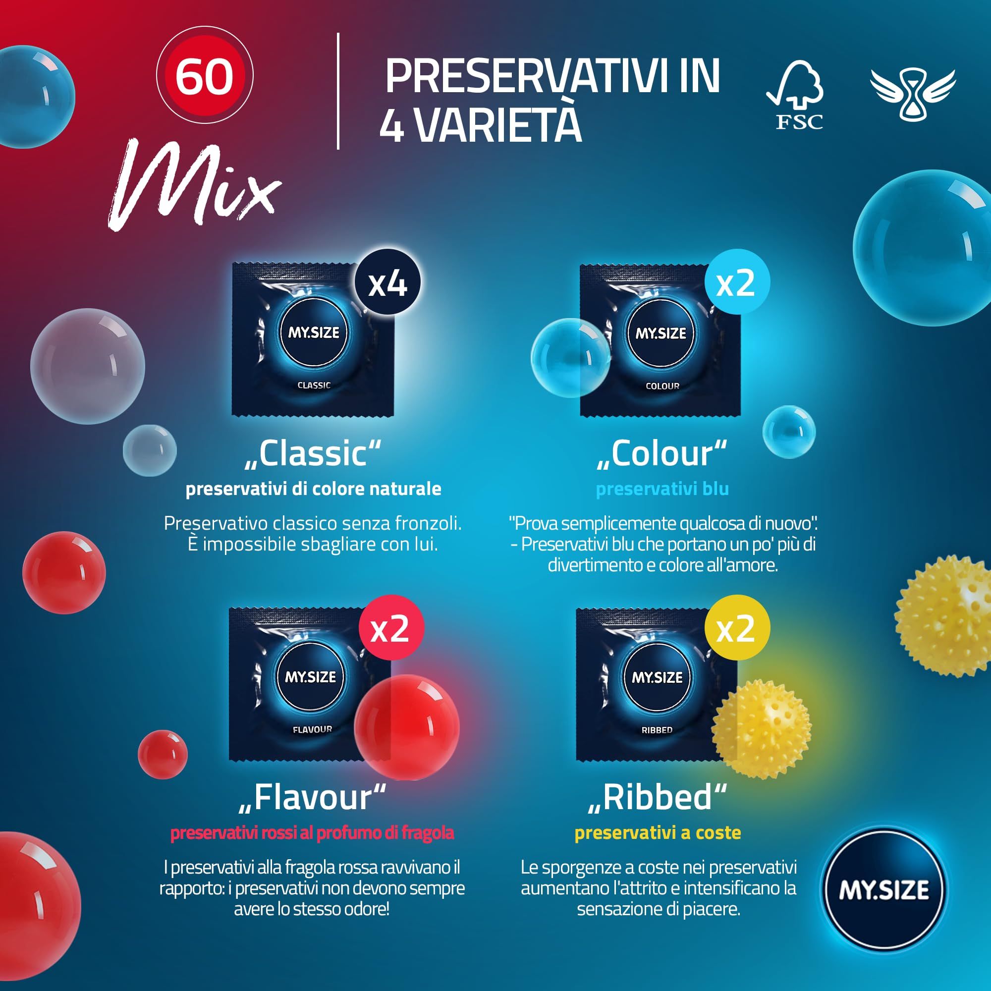MY.SIZE Mix: 4 varianti, 10 preservativi, misura 60mm.