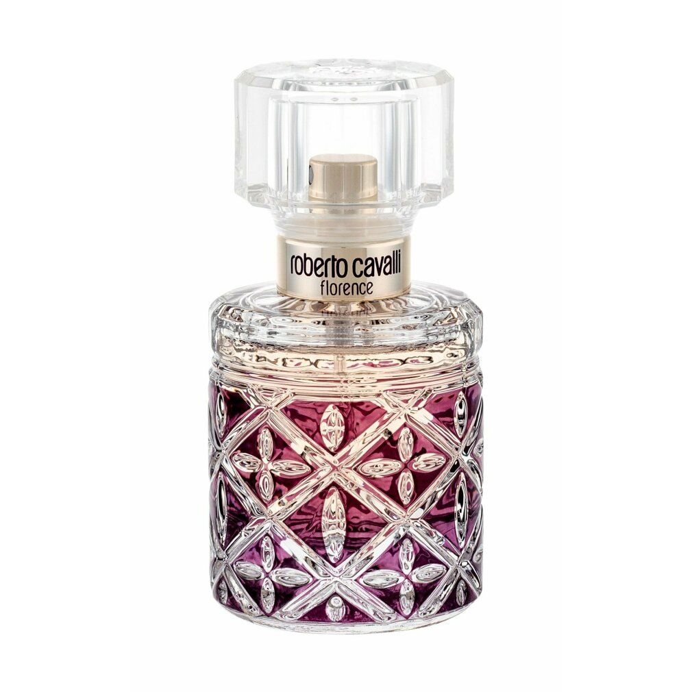 Roberto Cavalli Florence Edp Spray. Flacone in vetro viola con tappo trasparente. Vaporizzatore dorato. Motivo inciso.
