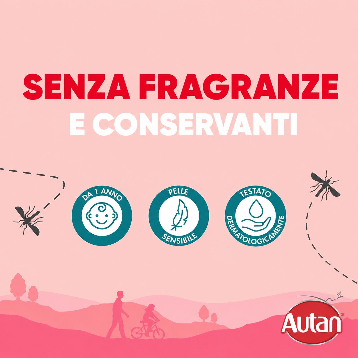 Senza profumi e conservanti aggiunti. Simboli: bambino, pelle sensibile, dermatologicamente testato. Logo Autan.