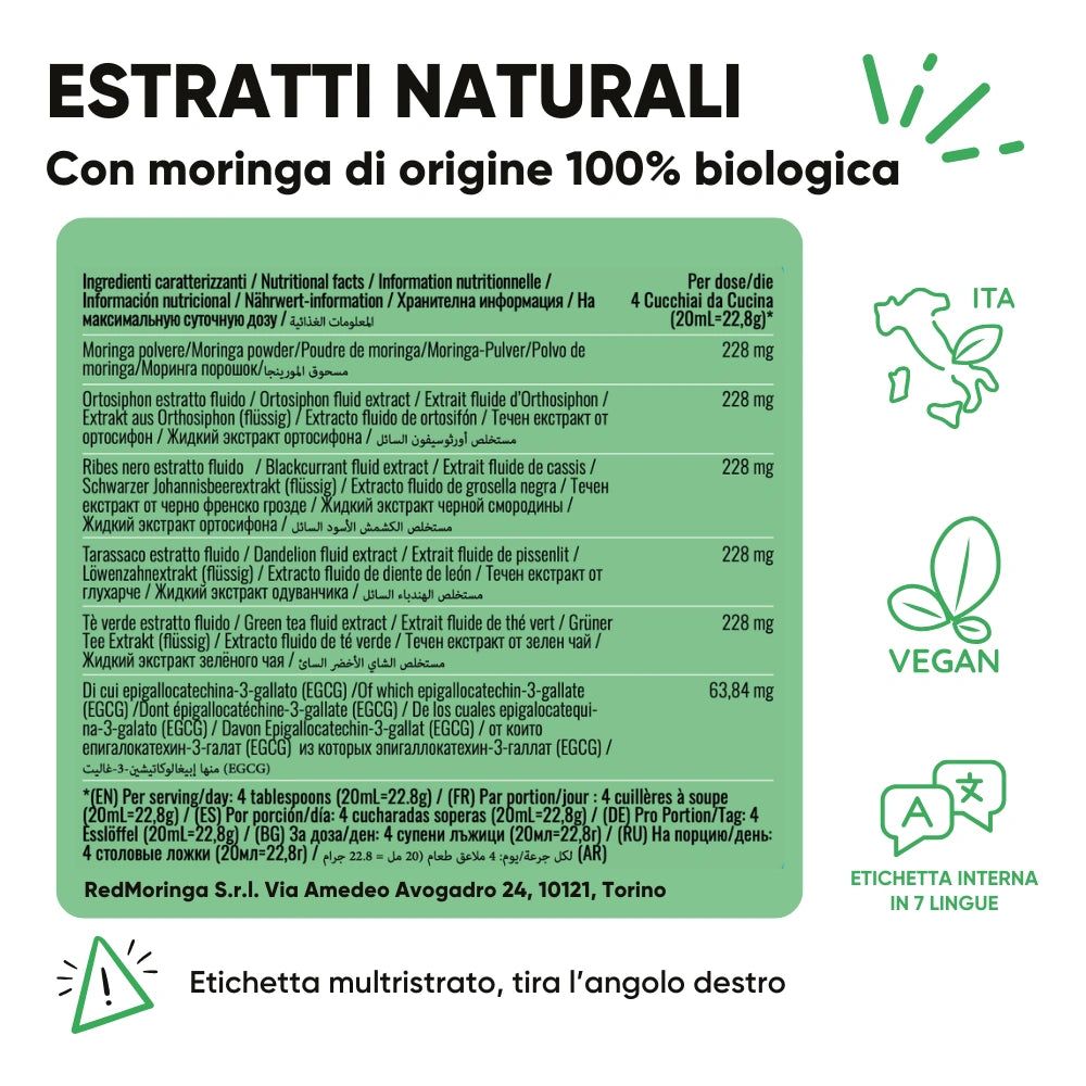 Informazioni nutrizionali e ingredienti. Testo: 100% di origine biologica. Vegano. Etichetta multilingue.