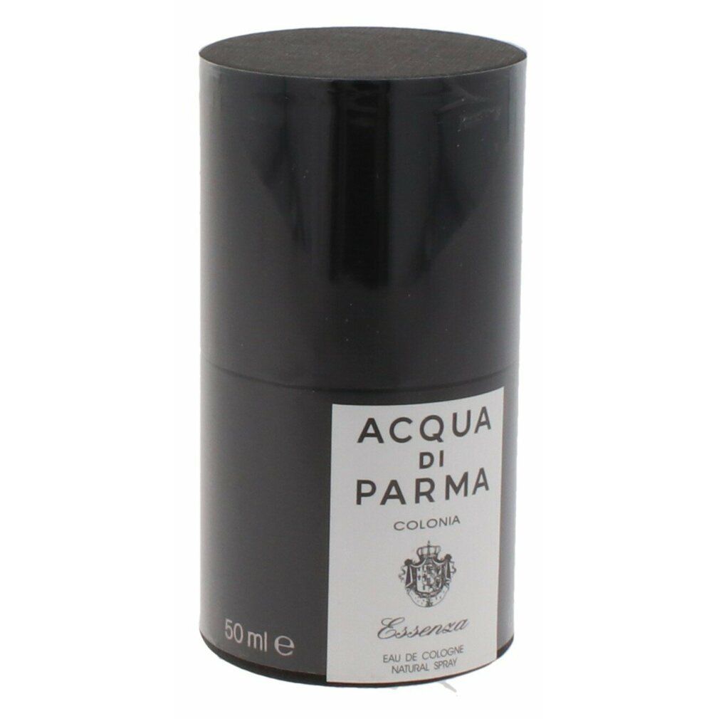 Confezione cilindrica nera ACQUA DI PARMA COLONIA ESSENZA. Etichetta bianca con testo. 50 ml.