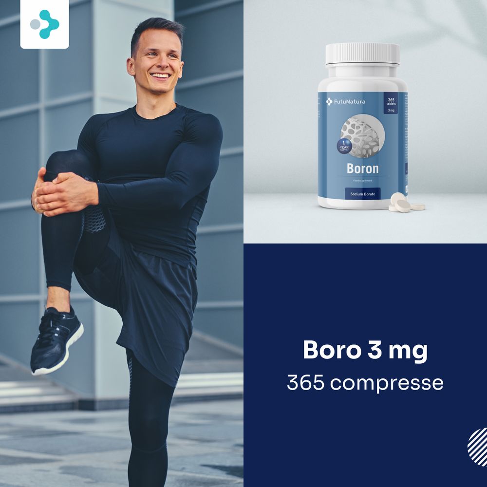 FutuNatura Boron 3 mg compresse. Uomo che si allunga. Flacone con etichetta blu. Testo: Boro 3 mg. 365 compresse.