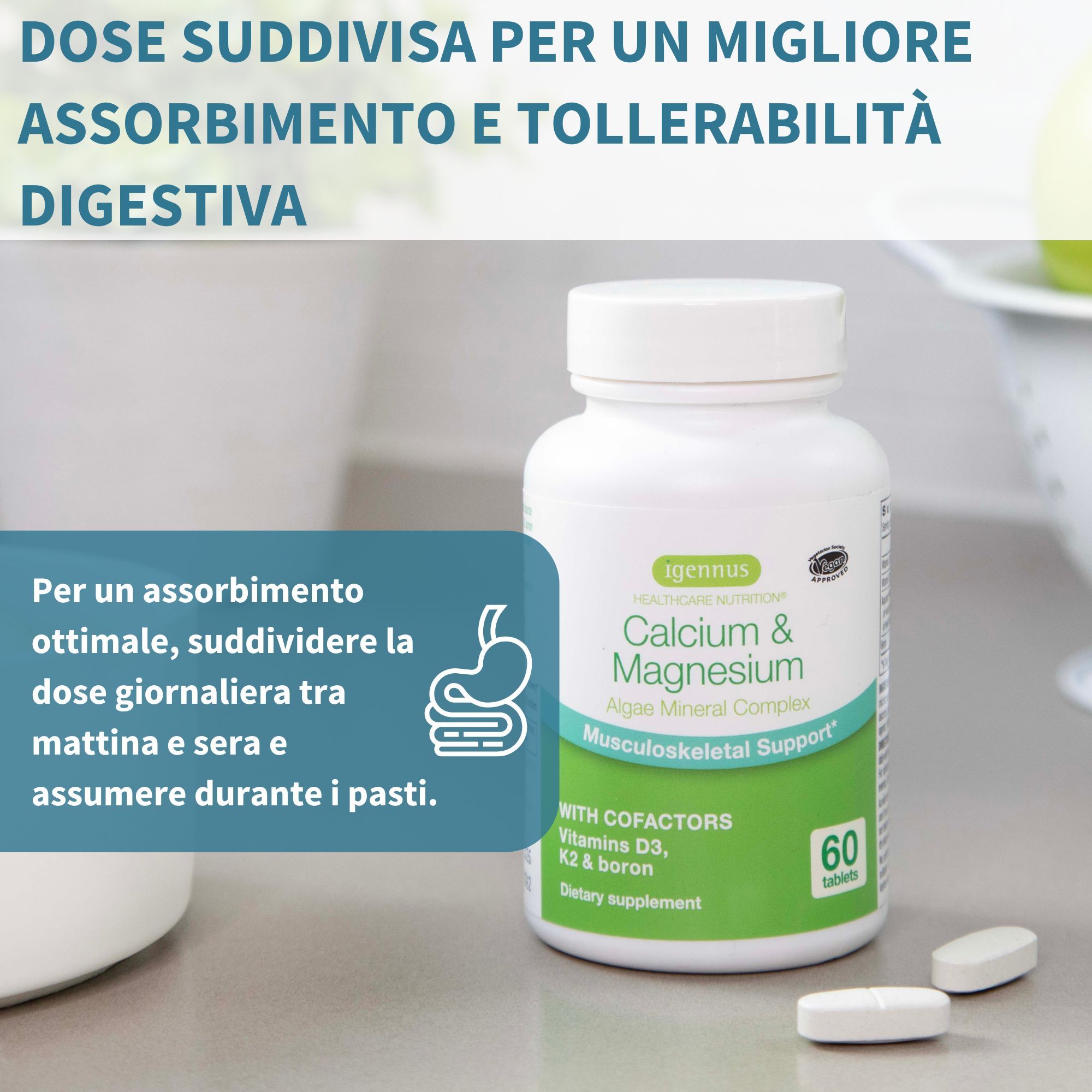 Flacone Igennus Calcium & Magnesium e due compresse su un bancone da cucina, con simbolo digestivo.