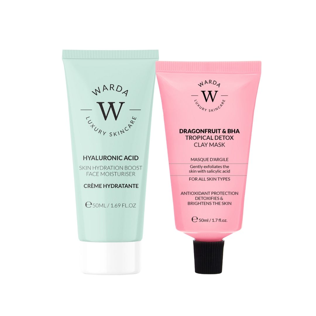 Due tubi Warda Luxury Skincare. Un tubo verde con "Acido Ialuronico". Un tubo rosa con "Dragonfruit & BHA".