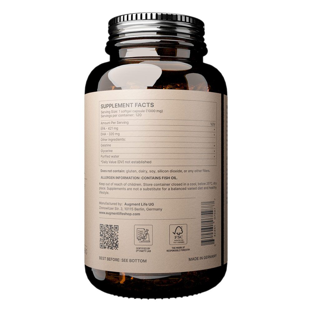Flacone in vetro marrone con tappo argentato, etichetta con informazioni nutrizionali e codice QR. Contiene 120 capsule.