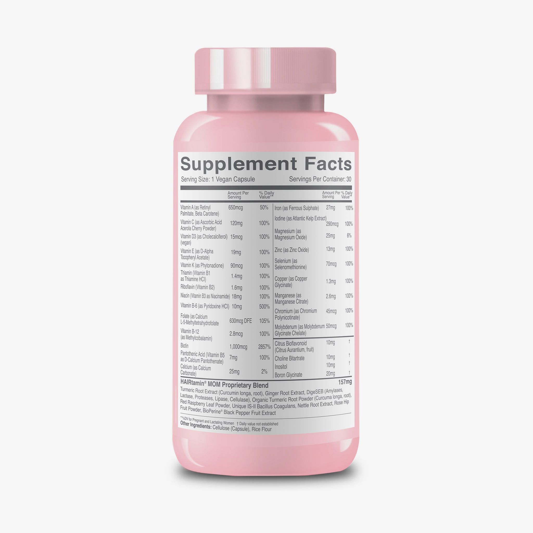 Retro di un flacone rosa con informazioni nutrizionali. Contiene 30 porzioni. Ingredienti e percentuali.