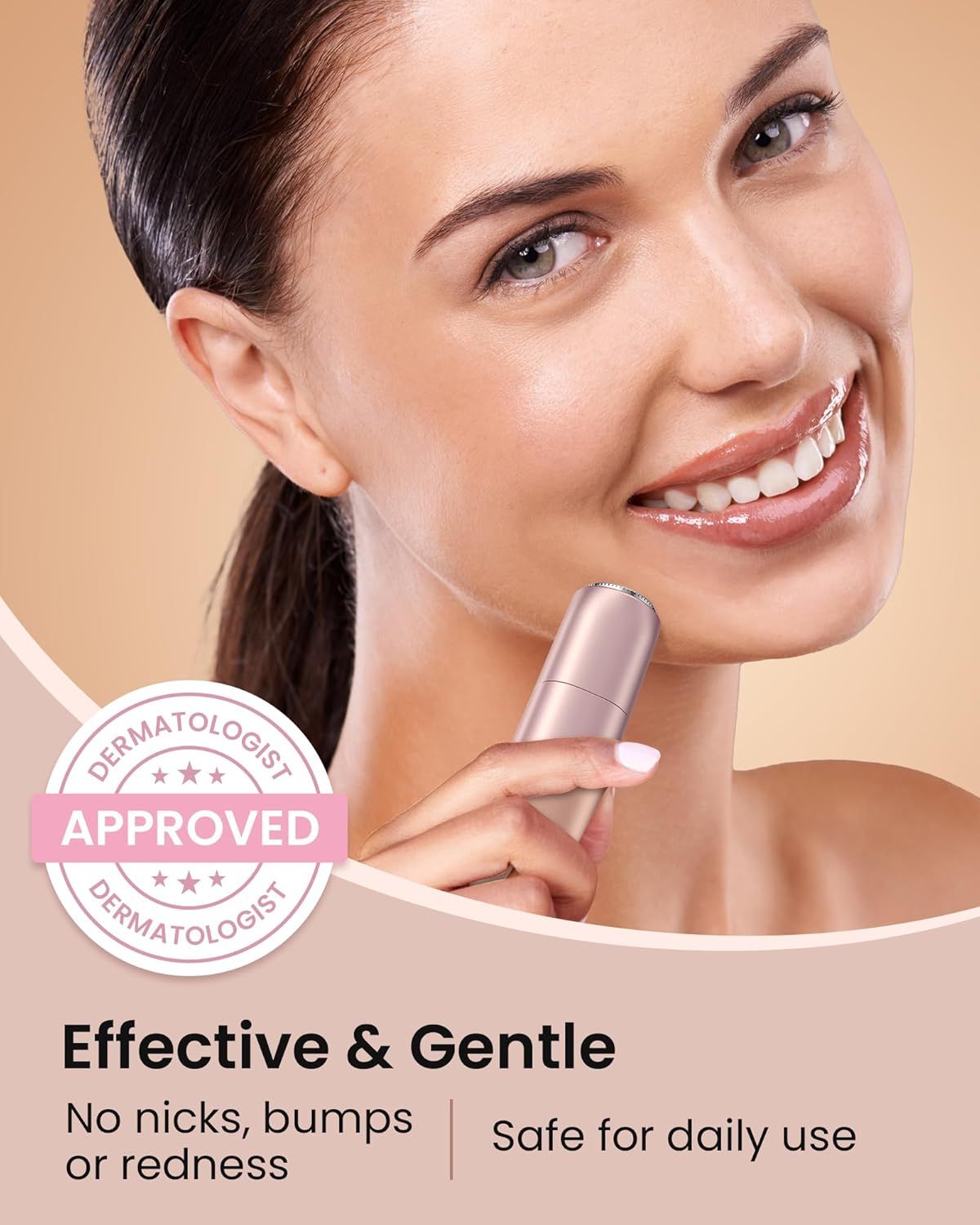Epilatore viso rosa. Approvato dai dermatologi. Testo: Efficace e delicato, niente arrossamenti. Sicuro per l'uso quotidiano.