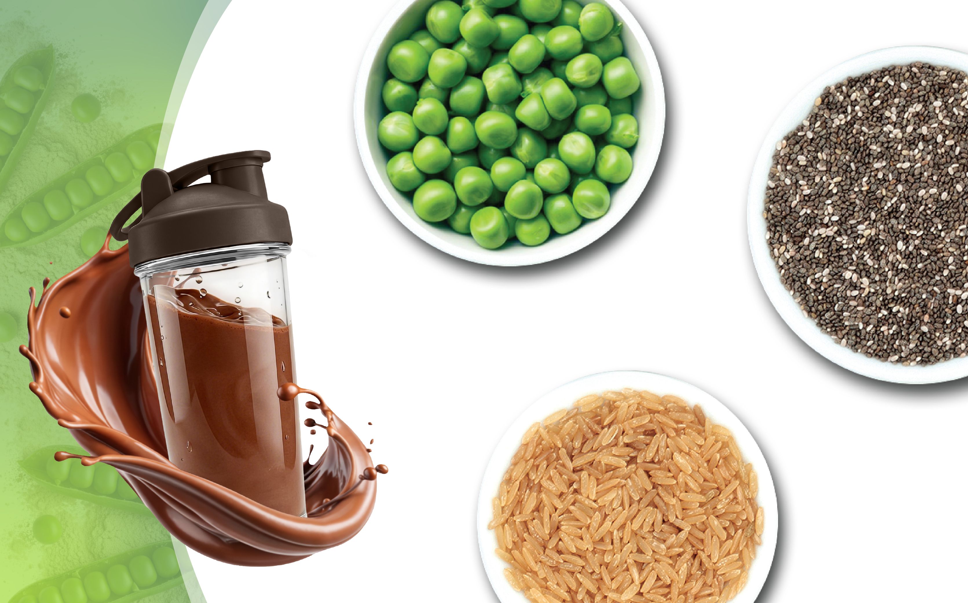 Frullato proteico al cioccolato in uno shaker, circondato da piselli, semi di chia e riso.