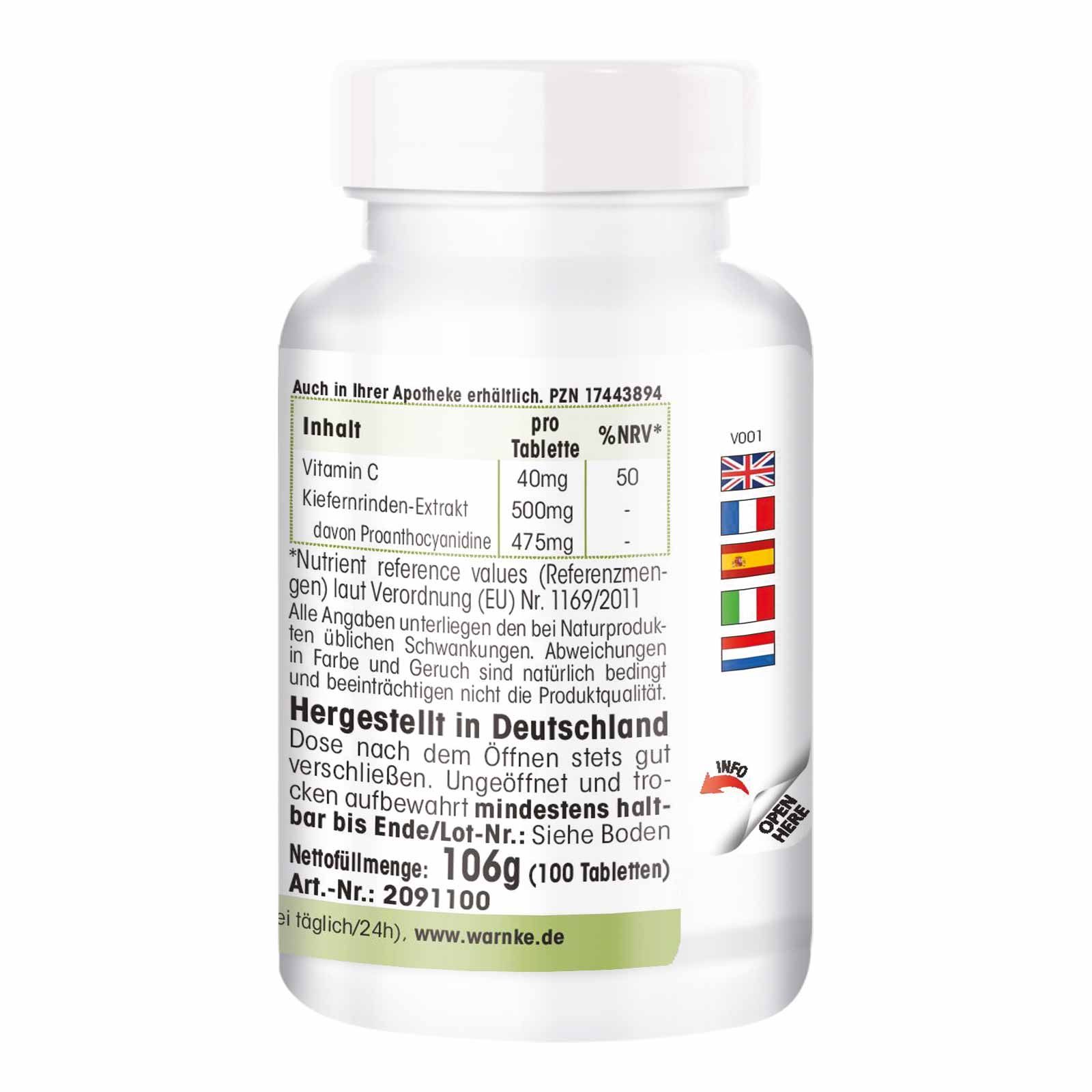 Retro del flacone di compresse. Testo con informazioni nutrizionali e data di scadenza. Prodotto in Germania.