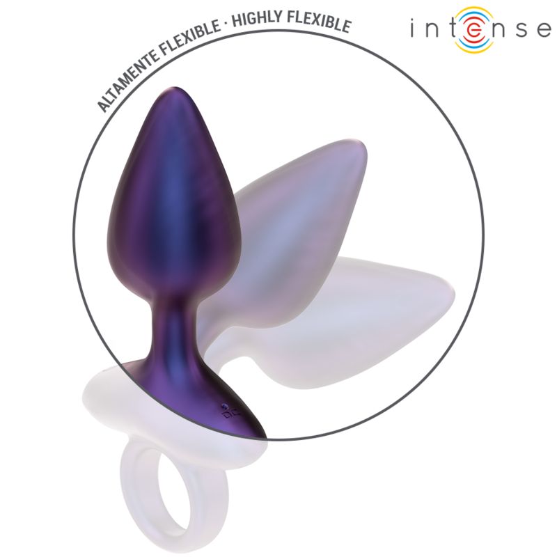 Plug anale viola con impugnatura e anello bianchi. Flessibile. Marchio: Intense.