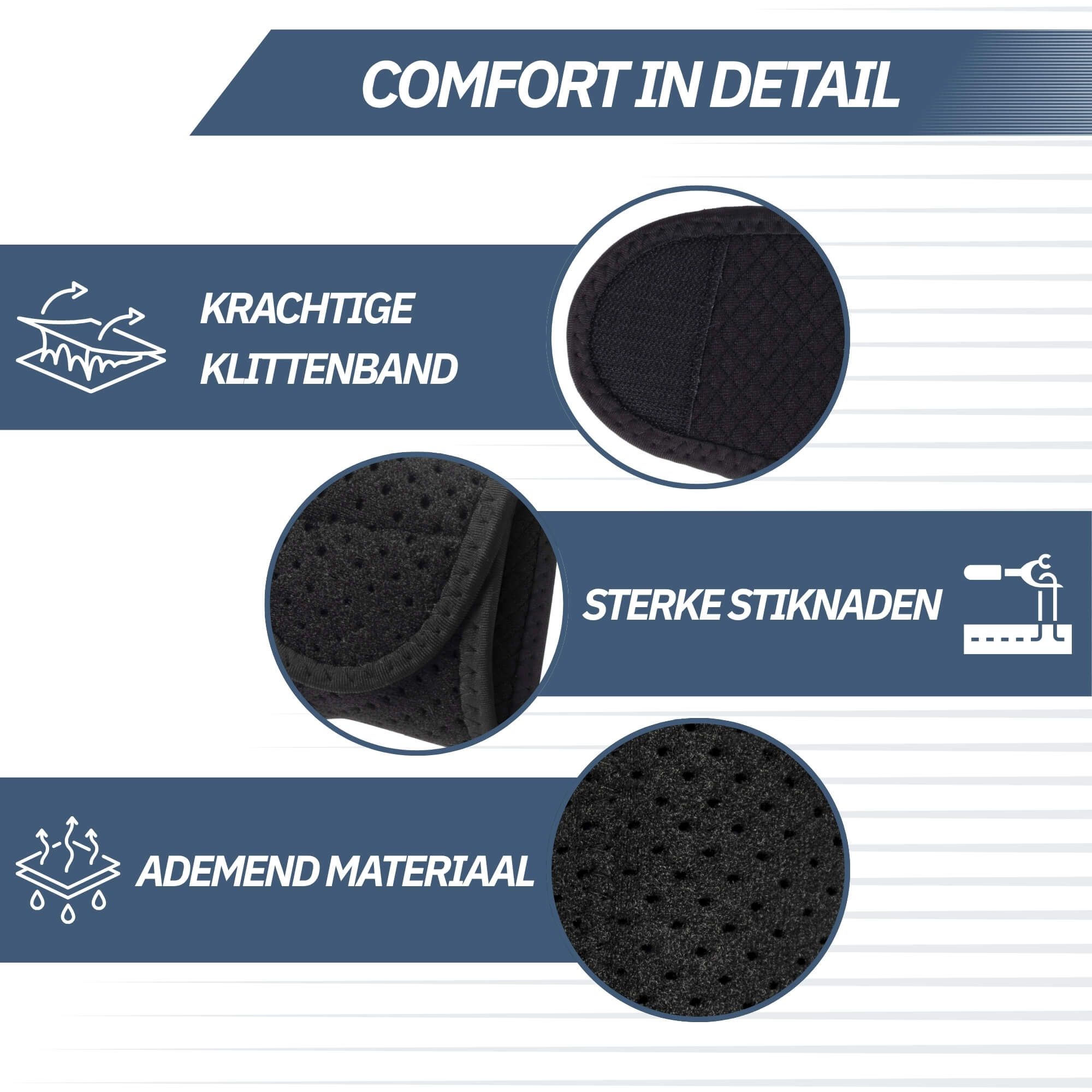Tutore per polso nero con chiusura in velcro e materiale traspirante.