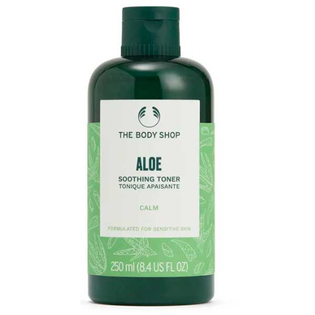 Flacone verde con etichetta bianca. Testo: Aloe, Soothing Toner, Calm. Marchio: The Body Shop. Per pelli sensibili.