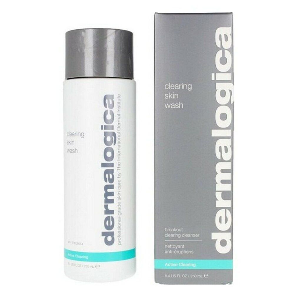 Flacone e scatola. Flacone: clearing skin wash, Dermalogica. Scatola: clearing skin wash, breakout clearing cleanser, Active Clearing.