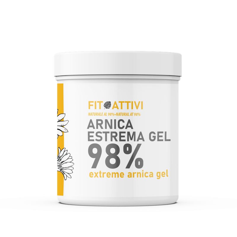 Vaso bianco con striscia gialla. Scritta: Arnica Estrema Gel 98%. Marchio: Fit Attivi.