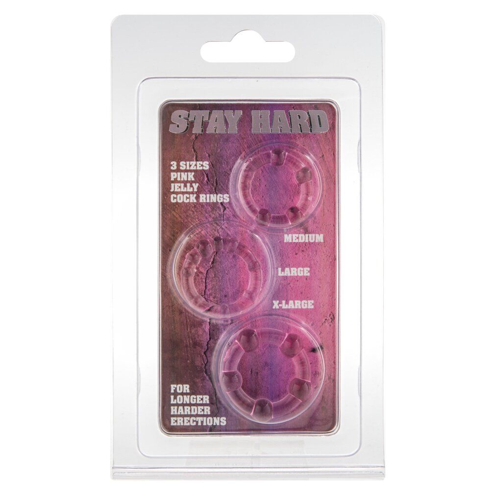 Tre anelli per il pene in blister. Scritta: STAY HARD, 3 taglie, Pink Jelly Cock Rings. Per erezioni più lunghe e dure.