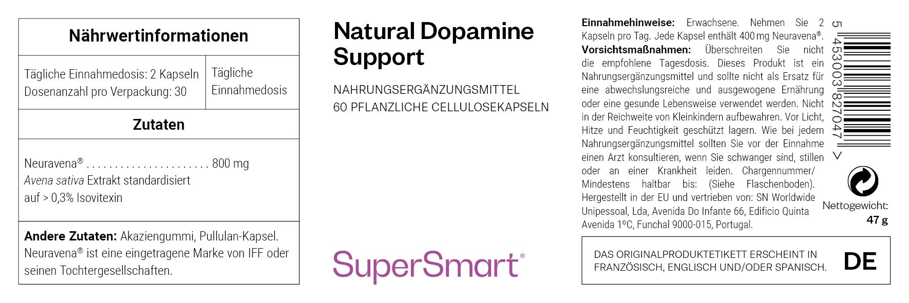 Etichetta per 'Natural Dopamine Support' con informazioni nutrizionali, ingredienti (Estratto di Avena Sativa 400mg) e informazioni sul produttore.